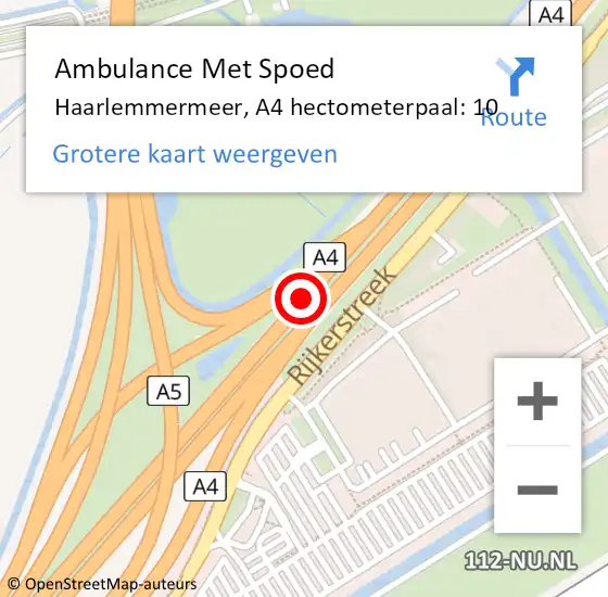 Locatie op kaart van de 112 melding: Ambulance Met Spoed Naar Haarlemmermeer, A4 hectometerpaal: 10 op 2 maart 2022 12:44