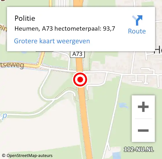 Locatie op kaart van de 112 melding: Politie Heumen, A73 hectometerpaal: 93,7 op 2 maart 2022 15:07