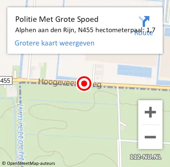 Locatie op kaart van de 112 melding: Politie Met Grote Spoed Naar Alphen aan den Rijn, N455 hectometerpaal: 1,7 op 2 maart 2022 15:53