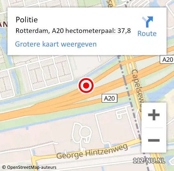 Locatie op kaart van de 112 melding: Politie Rotterdam, A20 hectometerpaal: 37,8 op 2 maart 2022 21:56