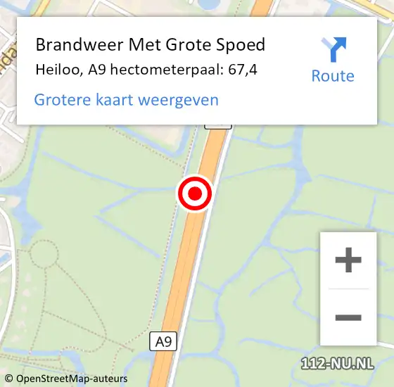 Locatie op kaart van de 112 melding: Brandweer Met Grote Spoed Naar Heiloo, A9 hectometerpaal: 67,4 op 2 maart 2022 22:16