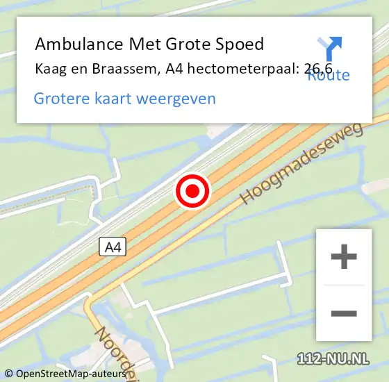 Locatie op kaart van de 112 melding: Ambulance Met Grote Spoed Naar Kaag en Braassem, A4 hectometerpaal: 26,6 op 3 maart 2022 07:31