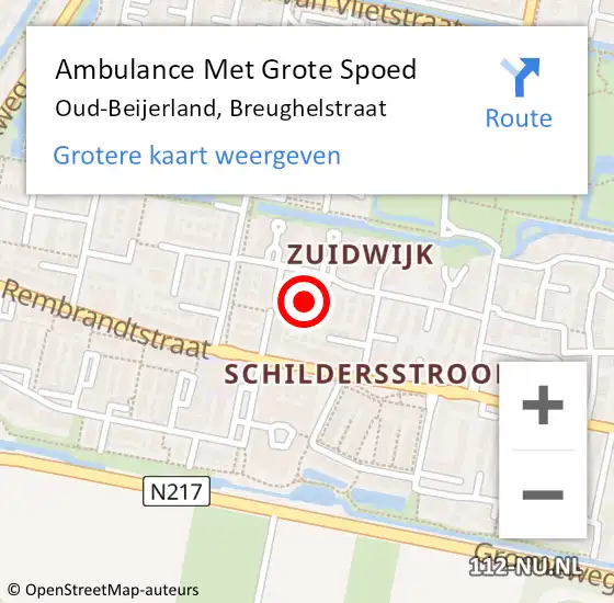 Locatie op kaart van de 112 melding: Ambulance Met Grote Spoed Naar Oud-Beijerland, Breughelstraat op 3 maart 2022 11:33