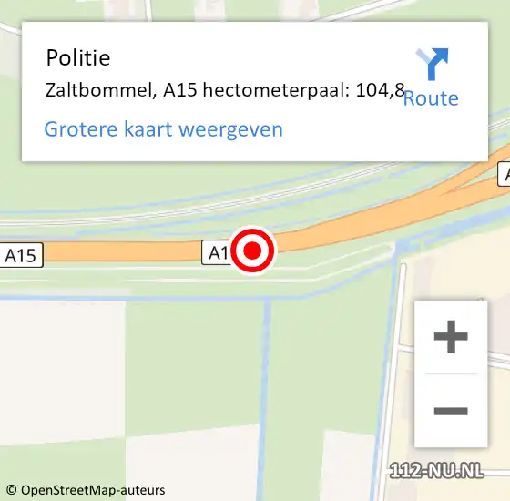 Locatie op kaart van de 112 melding: Politie Zaltbommel, A15 hectometerpaal: 104,8 op 3 maart 2022 11:39