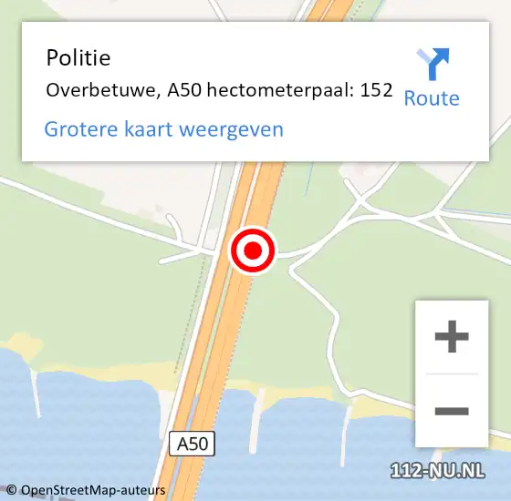 Locatie op kaart van de 112 melding: Politie Overbetuwe, A50 hectometerpaal: 152 op 3 maart 2022 15:26