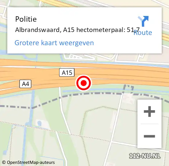 Locatie op kaart van de 112 melding: Politie Albrandswaard, A15 hectometerpaal: 51,7 op 3 maart 2022 15:41