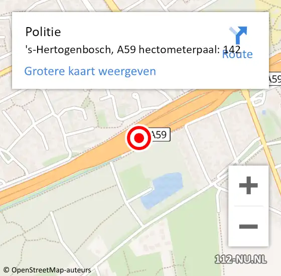 Locatie op kaart van de 112 melding: Politie 's-Hertogenbosch, A59 hectometerpaal: 142 op 3 maart 2022 17:32