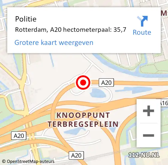 Locatie op kaart van de 112 melding: Politie Rotterdam, A20 hectometerpaal: 35,7 op 3 maart 2022 17:40