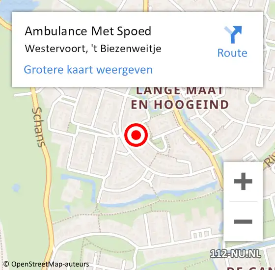 Locatie op kaart van de 112 melding: Ambulance Met Spoed Naar Westervoort, 't Biezenweitje op 3 maart 2022 18:10