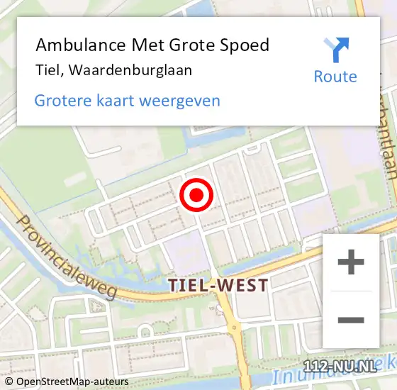 Locatie op kaart van de 112 melding: Ambulance Met Grote Spoed Naar Tiel, Waardenburglaan op 3 maart 2022 18:17