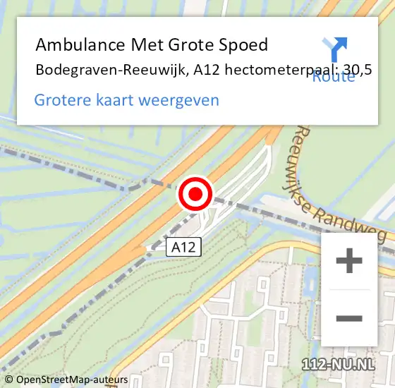 Locatie op kaart van de 112 melding: Ambulance Met Grote Spoed Naar Bodegraven-Reeuwijk, A12 hectometerpaal: 30,5 op 3 maart 2022 18:29