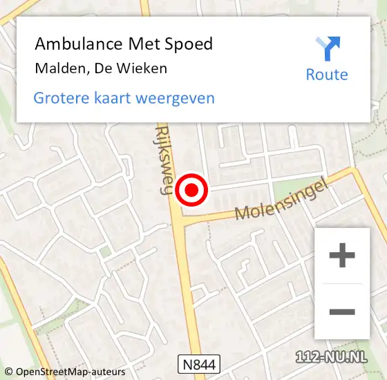 Locatie op kaart van de 112 melding: Ambulance Met Spoed Naar Malden, De Wieken op 3 maart 2022 18:40