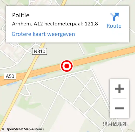 Locatie op kaart van de 112 melding: Politie Arnhem, A12 hectometerpaal: 121,8 op 4 maart 2022 12:52