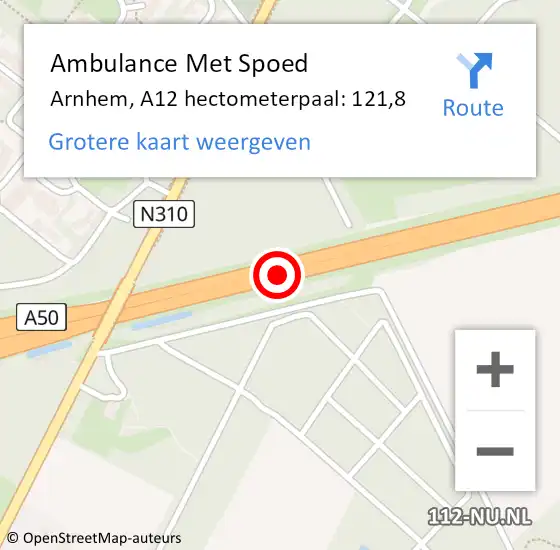 Locatie op kaart van de 112 melding: Ambulance Met Spoed Naar Arnhem, A12 hectometerpaal: 121,8 op 4 maart 2022 12:56