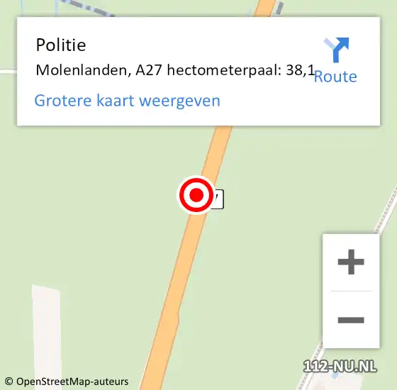 Locatie op kaart van de 112 melding: Politie Molenlanden, A27 hectometerpaal: 38,1 op 4 maart 2022 13:25