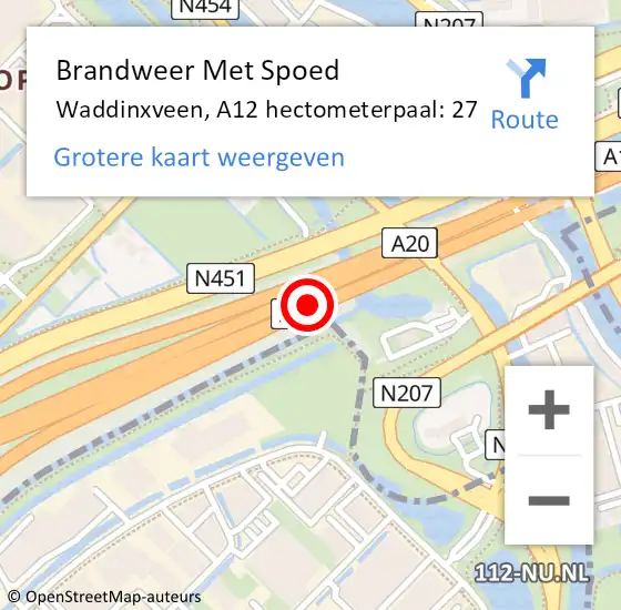 Locatie op kaart van de 112 melding: Brandweer Met Spoed Naar Waddinxveen, A12 hectometerpaal: 27 op 4 maart 2022 13:51