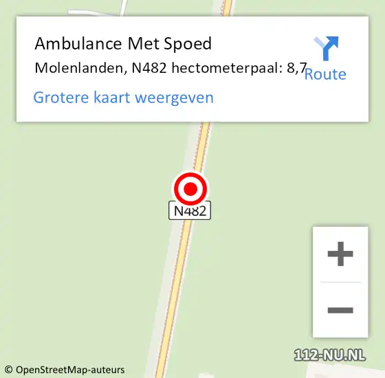 Locatie op kaart van de 112 melding: Ambulance Met Spoed Naar Molenlanden, N482 hectometerpaal: 8,7 op 4 maart 2022 15:29