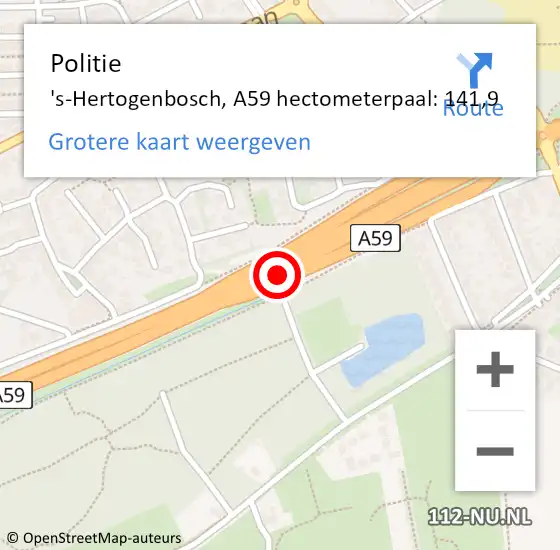 Locatie op kaart van de 112 melding: Politie 's-Hertogenbosch, A59 hectometerpaal: 141,9 op 4 maart 2022 16:02