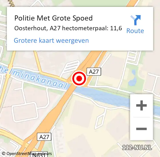 Locatie op kaart van de 112 melding: Politie Met Grote Spoed Naar Oosterhout, A27 hectometerpaal: 11,6 op 4 maart 2022 16:05