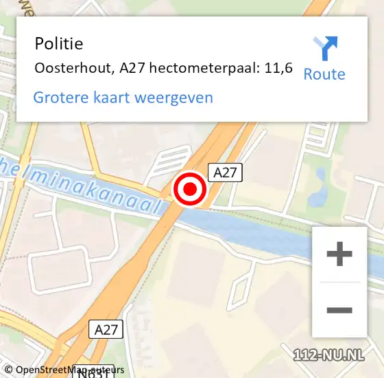 Locatie op kaart van de 112 melding: Politie Oosterhout, A27 hectometerpaal: 11,6 op 4 maart 2022 16:05