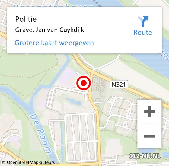 Locatie op kaart van de 112 melding: Politie Grave, Jan van Cuykdijk op 4 maart 2022 17:38