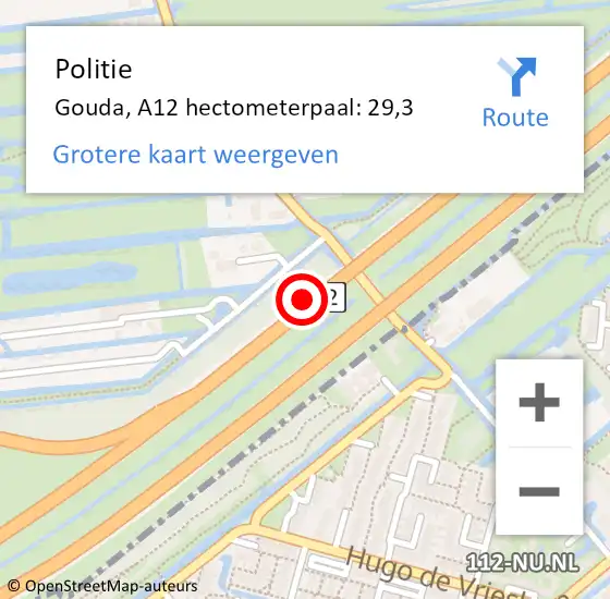 Locatie op kaart van de 112 melding: Politie Bodegraven-Reeuwijk, A12 hectometerpaal: 29,3 op 4 maart 2022 18:16
