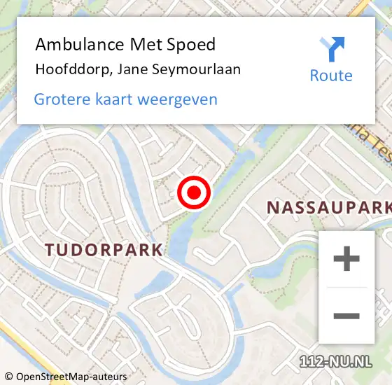 Locatie op kaart van de 112 melding: Ambulance Met Spoed Naar Hoofddorp, Jane Seymourlaan op 4 maart 2022 18:34