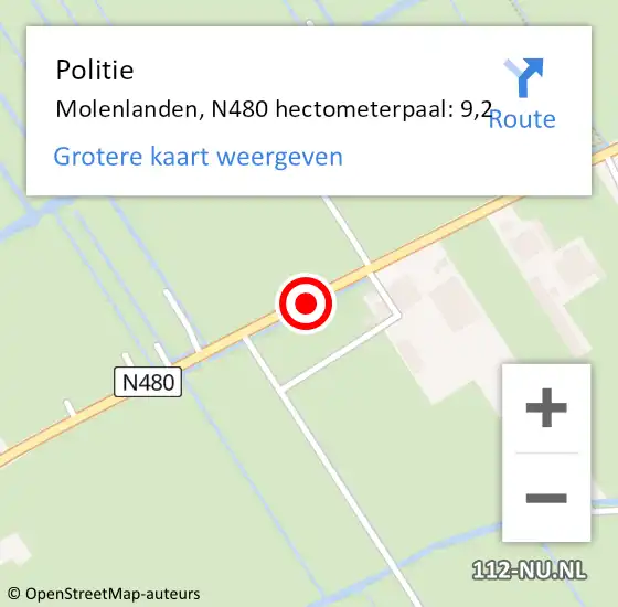 Locatie op kaart van de 112 melding: Politie Molenlanden, N480 hectometerpaal: 9,2 op 4 maart 2022 18:40