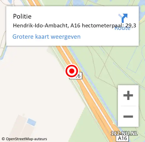 Locatie op kaart van de 112 melding: Politie Ridderkerk, A16 hectometerpaal: 29,3 op 4 maart 2022 19:18