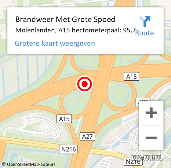 Locatie op kaart van de 112 melding: Brandweer Met Grote Spoed Naar Molenlanden, A15 hectometerpaal: 95,7 op 4 maart 2022 20:11