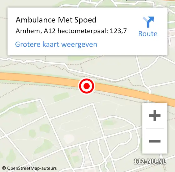 Locatie op kaart van de 112 melding: Ambulance Met Spoed Naar Arnhem, A12 hectometerpaal: 123,7 op 4 maart 2022 20:53