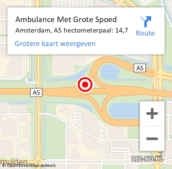 Locatie op kaart van de 112 melding: Ambulance Met Grote Spoed Naar Amsterdam, A5 hectometerpaal: 14,7 op 4 maart 2022 20:53