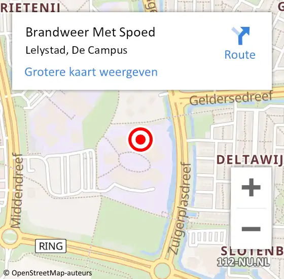 Locatie op kaart van de 112 melding: Brandweer Met Spoed Naar Lelystad, De Campus op 4 maart 2022 22:41