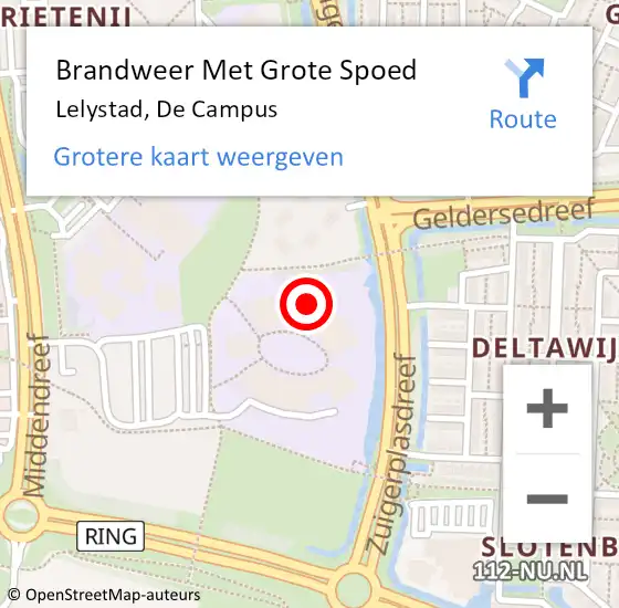 Locatie op kaart van de 112 melding: Brandweer Met Grote Spoed Naar Lelystad, De Campus op 4 maart 2022 22:42