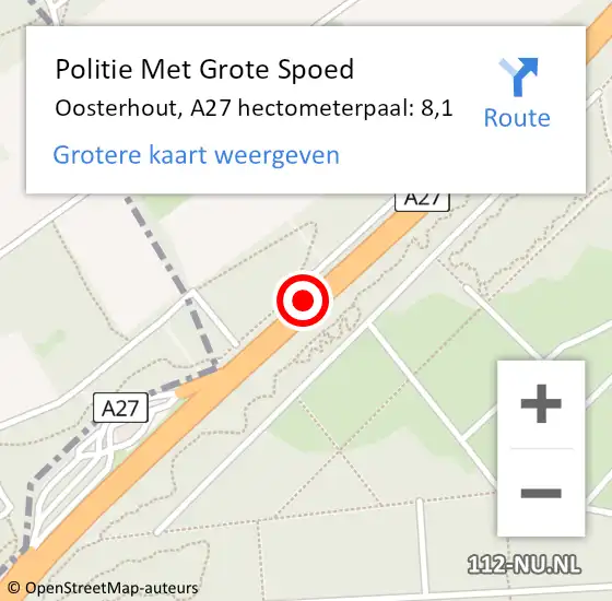 Locatie op kaart van de 112 melding: Politie Met Grote Spoed Naar Oosterhout, A27 hectometerpaal: 8,1 op 4 maart 2022 23:14