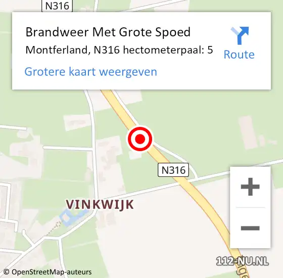 Locatie op kaart van de 112 melding: Brandweer Met Grote Spoed Naar Montferland, N316 hectometerpaal: 5 op 4 maart 2022 23:32