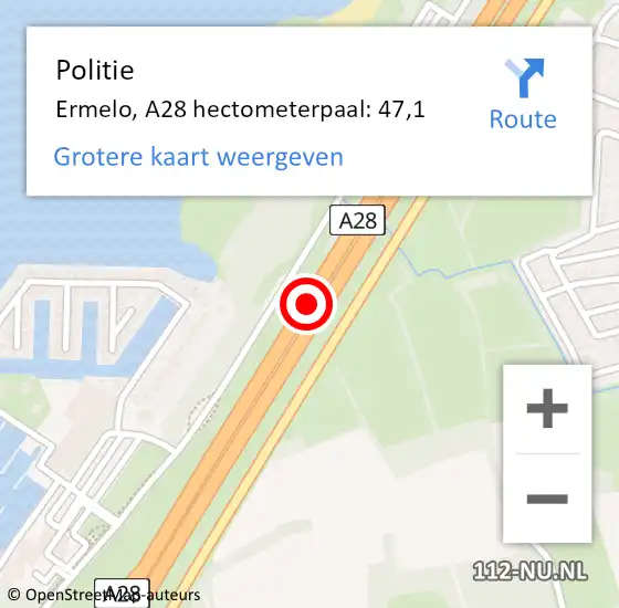 Locatie op kaart van de 112 melding: Politie Ermelo, A28 hectometerpaal: 47,1 op 4 maart 2022 23:43