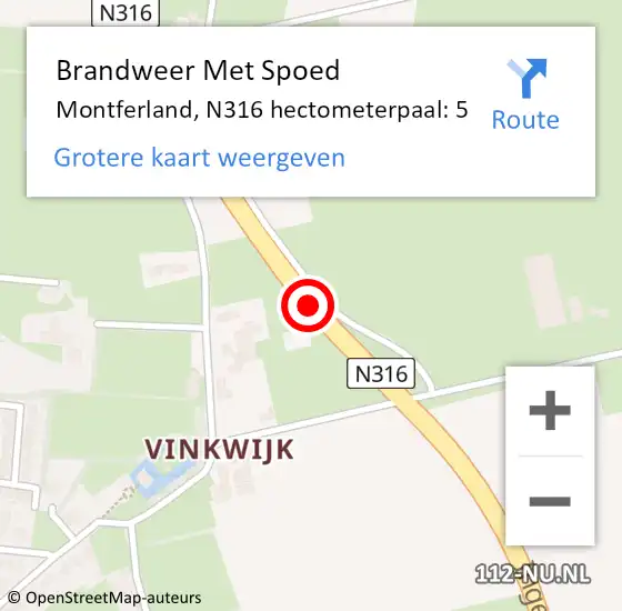 Locatie op kaart van de 112 melding: Brandweer Met Spoed Naar Montferland, N316 hectometerpaal: 5 op 4 maart 2022 23:47