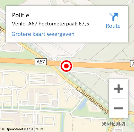 Locatie op kaart van de 112 melding: Politie Venlo, A67 hectometerpaal: 67,5 op 5 maart 2022 10:24