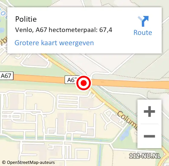 Locatie op kaart van de 112 melding: Politie Venlo, A67 hectometerpaal: 67,4 op 5 maart 2022 10:25