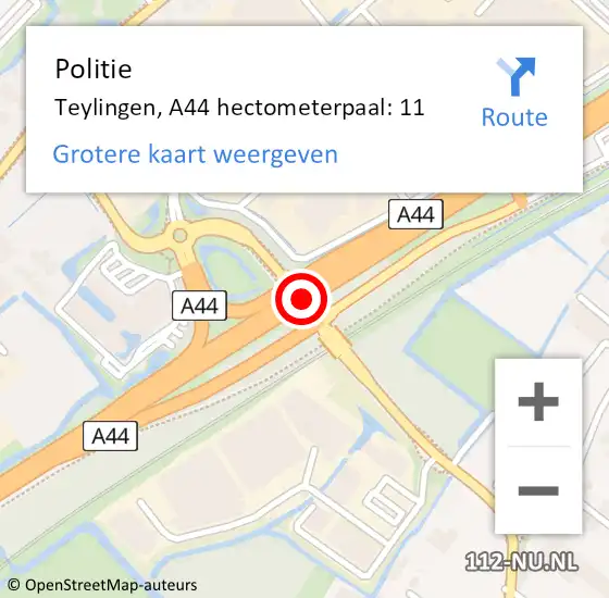 Locatie op kaart van de 112 melding: Politie Teylingen, A44 hectometerpaal: 11 op 5 maart 2022 10:56