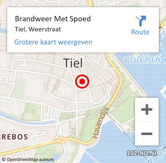 Locatie op kaart van de 112 melding: Brandweer Met Spoed Naar Tiel, Weerstraat op 5 maart 2022 12:41