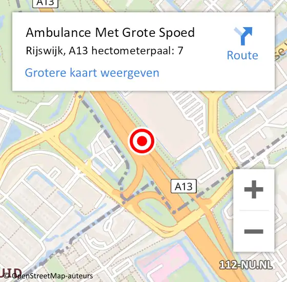 Locatie op kaart van de 112 melding: Ambulance Met Grote Spoed Naar Rijswijk, A13 hectometerpaal: 7 op 5 maart 2022 15:04