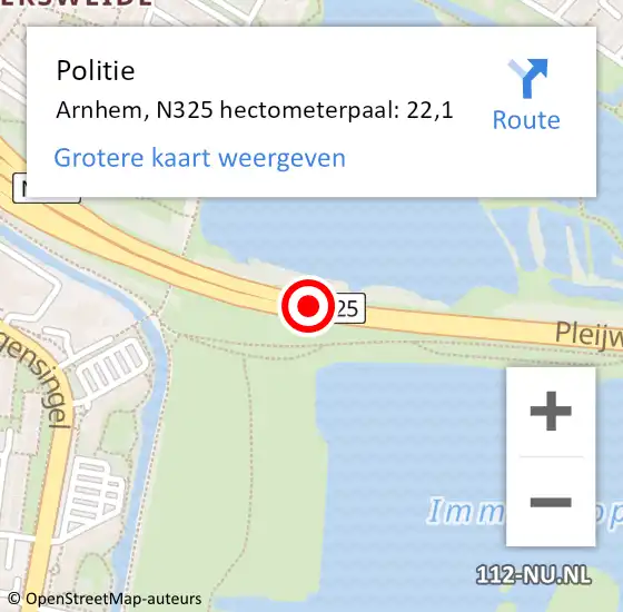 Locatie op kaart van de 112 melding: Politie Arnhem, N325 hectometerpaal: 22,1 op 5 maart 2022 15:15