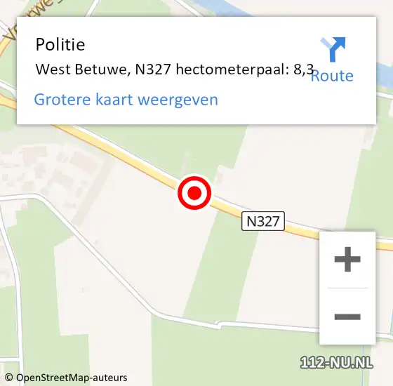 Locatie op kaart van de 112 melding: Politie West Betuwe, N327 hectometerpaal: 8,3 op 5 maart 2022 15:21