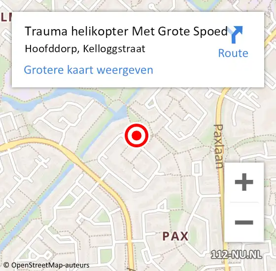 Locatie op kaart van de 112 melding: Trauma helikopter Met Grote Spoed Naar Hoofddorp, Kelloggstraat op 5 maart 2022 15:40