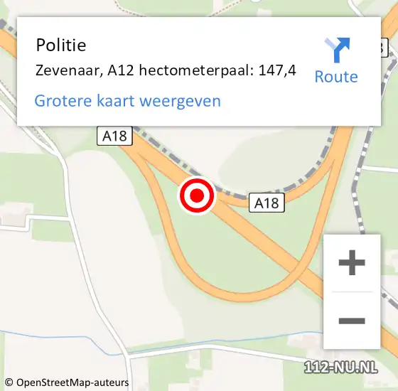 Locatie op kaart van de 112 melding: Politie Zevenaar, A12 hectometerpaal: 147,4 op 5 maart 2022 16:39