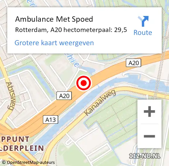 Locatie op kaart van de 112 melding: Ambulance Met Spoed Naar Rotterdam, A20 hectometerpaal: 29,5 op 5 maart 2022 16:43