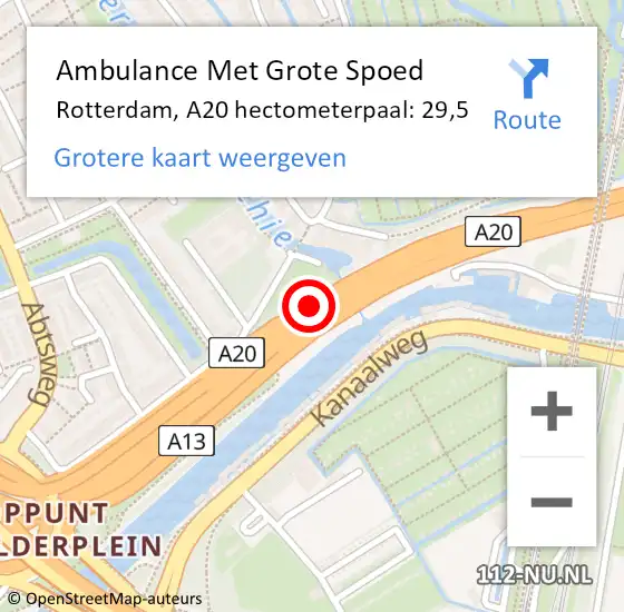 Locatie op kaart van de 112 melding: Ambulance Met Grote Spoed Naar Rotterdam, A20 hectometerpaal: 29,5 op 5 maart 2022 16:47