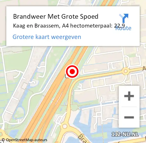 Locatie op kaart van de 112 melding: Brandweer Met Grote Spoed Naar Kaag en Braassem, A4 hectometerpaal: 22,9 op 5 maart 2022 18:10